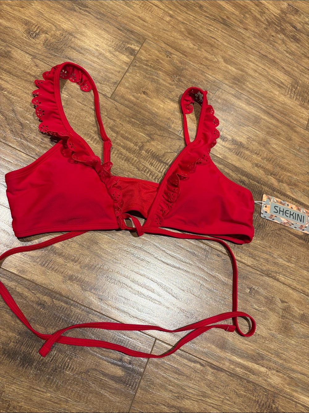 SHEKINI Red Ruffle Tie-Front Bikini Top